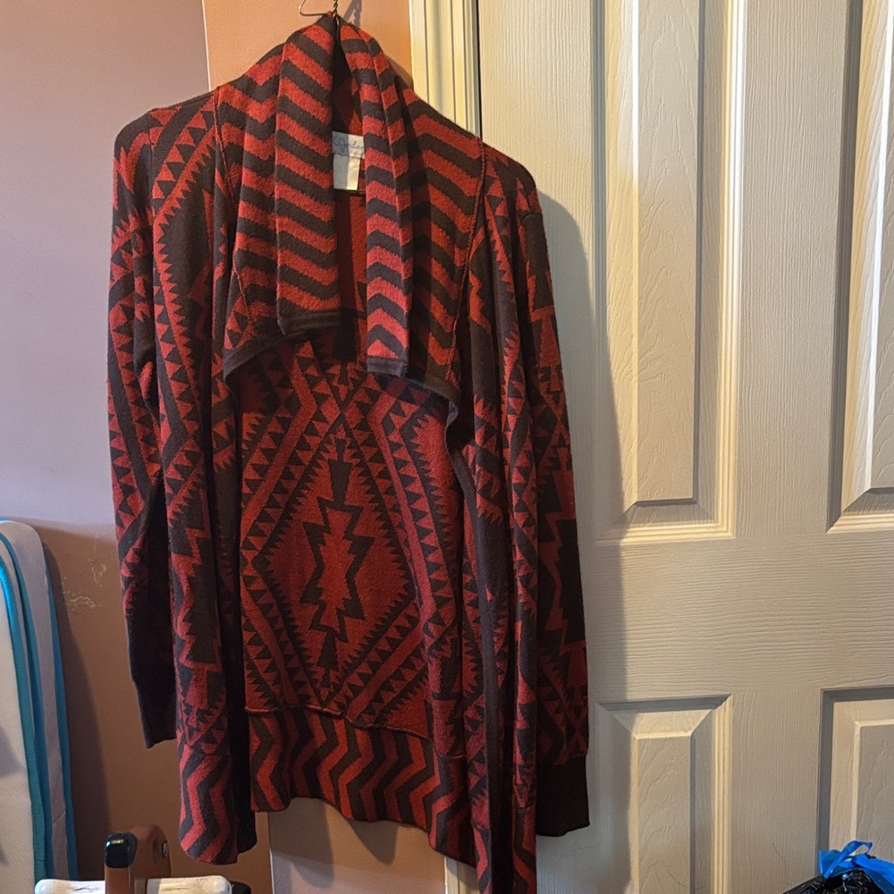 K Jordan Red and Black Geometric Cardigan
